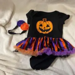 最終価格❤️ハロウィンコスプレ　かぼちゃ　半袖ロンパースヘッドアクセ　ベビー70