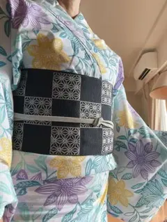 半巾帯　麻の葉市松　濃紺　4メートル