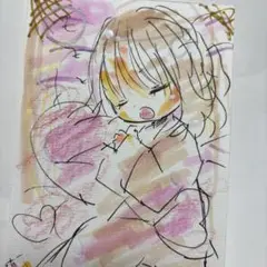 新作。手描きイラスト。ハガキサイズ。クッションで寝ている女の子。子ども