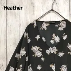 【Heather】美品 シャツワンピース 花柄 長袖 ブラック