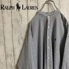 ラルフローレン ノーカラーシャツ チェック 刺繍 長袖 青紺白