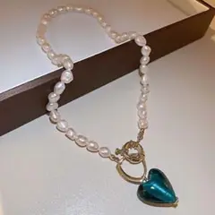 高品質 淡水パール ブルー ハートバロック パール ネックレス 小粒 天然