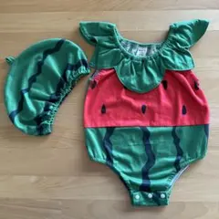 スイカ柄ロンパース　帽子付き