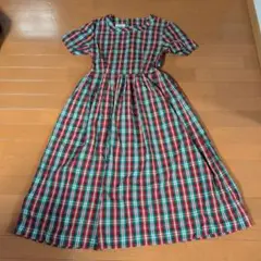 レトロ風　SIM チェック柄ロングドレス 半袖