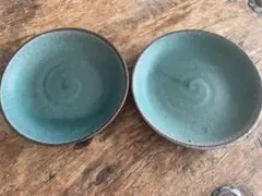 青緑色 陶器皿 2枚セット 約15cm