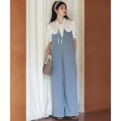 サロペット ディープVネック サスペンダー付きパンツ ワイドパンツ