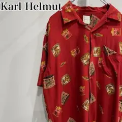 Karl Helmut 半袖シャツ　総柄　タバコ柄　ラクダレーヨン　Lサイズ