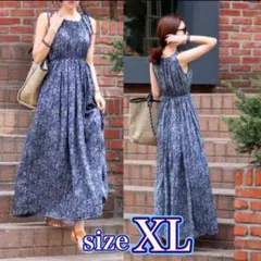 小花柄ワンピース　XL ネイビー　ブルー　ロングワンピース　ノースリーブ　脚長