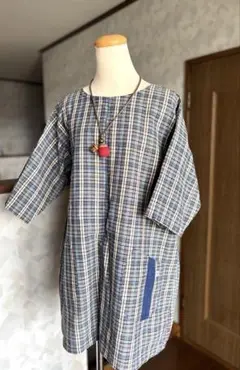 徳島県無形文化財　阿波しじら織　阿波藍　反物使用　木綿着物　チュニック　秋にも