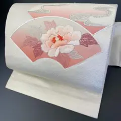 【春】12787b 九寸名古屋帯 銀駒刺繍 地紙に牡丹文様