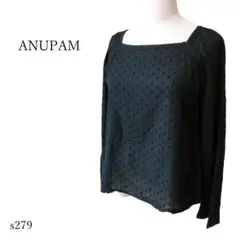 ANUPAM シアーカットソー スクエアネック ドット ブラック インド製古着