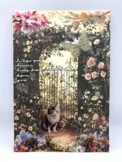 猫と花のアートカード　イラスト絵画　コラージュ　ジャーナル【完成品】原画
