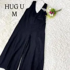 〝ハグユーHUG.U〟黒　ワイドサロペット　バックリボンオールインワンデニムM