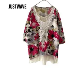 justwave 五分袖半袖トップスレース刺繍花柄　綿100　重ね着　極美品