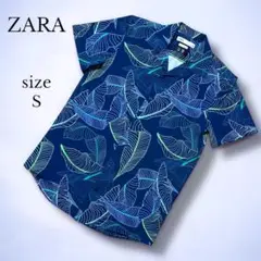 【ZARA 】アロハシャツ　S ネイビー　リーフ柄