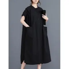 おしゃれ度高め シャツロングワンピース 大きなポケット カジュアル 無地