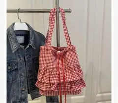 トートバッグ ギンガムチェック フリル かわいい エコバッグ マザーズバッグ