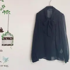 LAPIS LUCE /ドット柄 シアーブラウス長袖 リボンタイ シフォン 黒