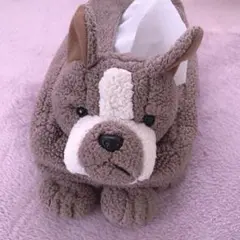 犬　ブルドッグ　ティッシュボックス　ティッシュケース　ブラウン　茶色　モコモコ