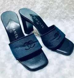 シャネル ココマーク ミュール サンダル ネイビー デニム CHANEL