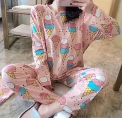 アイスクリーム　ピンク　XL 　ルームウェア　春夏秋　長袖　上下セット　部屋着