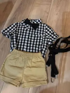 チェック柄シャツとショートパンツ(サスペンダー)セット