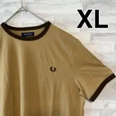 【美品】フレッドペリー リンガーTシャツ 月桂樹刺繍ロゴ ベージュ×ブラウンXL