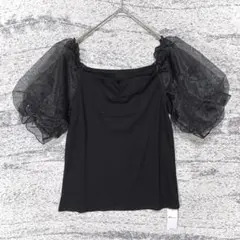 新品 アラマンダ シアー パフスリーブ ドット リブカットソー 黒 M 異素材