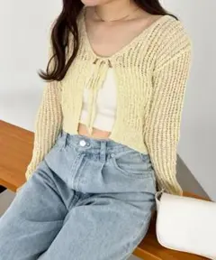 heather イエロー　リボンメッシュカーディガン
