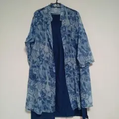 花柄ロングジャケット&ワンピース青系 セット