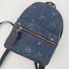 美品 コーチ ミニリュック デニム 総柄 チェリー レザー ネイビー ブルー