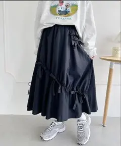 Loueme メニーリボンギャザーフレアスカート 黒
