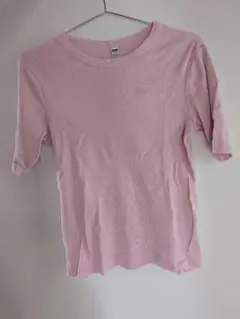 ピンク リブ編み 半袖Tシャツ