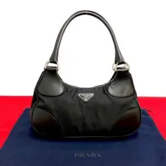 極 美品 プラダ 三角ロゴ 金具 ナイロン レザー トートバッグ ブラック