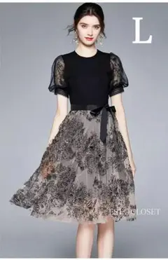 オーガンジー ワンピース シフォン スパンコール 刺繍 ブラック ドレス 黒 L