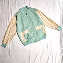 ジャケット ブルゾン グリーン×ベージュ L ポケット バイカラー 薄手