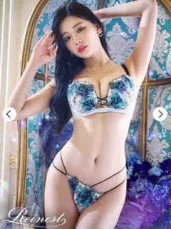 ファブリックレースアップフラワーブラジャー&バック透けTバックショーツ【E65】