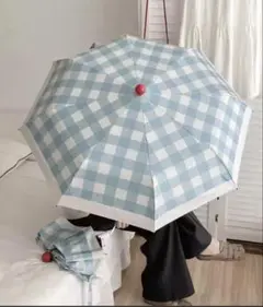 水色チェック柄 折りたたみ日傘　新品
