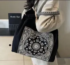 新品❣️柄刺繍　トート　エコバッグ トートバッグ ショルダーバッグ　ブラック