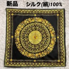 新品　シルク100% 大判スカーフ　絹　タペストリー　チャーム　黒金　バロック調
