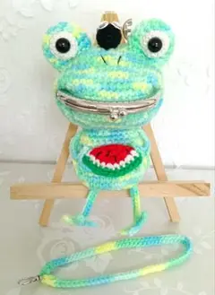 *ハンドメイド*手編み がま口 あみぐるみ スイカ カエルちゃん♥️