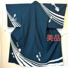 【美品】訪問着　単衣　上品な束ね熨斗　バチ衿　染め　深緑