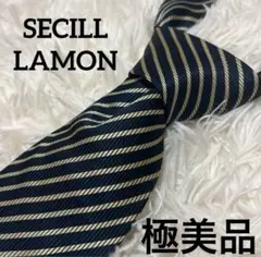 極美品 セシルラモン シルク ネクタイ 紺×金 スリムタイ