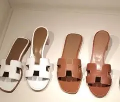 HERMES エルメス オラン Hロゴ レザー サンダル ブラウン 34