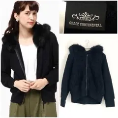 ♡美品♡グレースコンチネンタル フォックスファー付きレース切替パーカー 紺