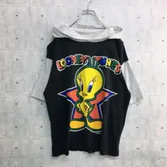 Z0219 LOONEY TUNES 子供用 半袖パーカー 黒 グレー S