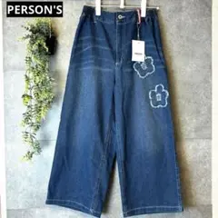 新品タグ付き PERSON'S フラワーアップリケ ワイドデニムパンツ フレアM