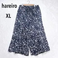 晴れ色 ガウチョパンツ XL 大きいサイズ ネイビー ワイド 花柄 総柄 ゴム
