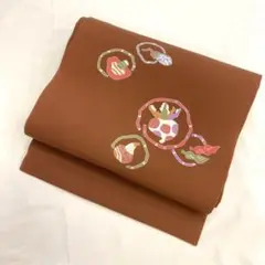【2092】着物 名古屋帯 茄子 茸 蕪 茶 名古屋仕立て 362㎝