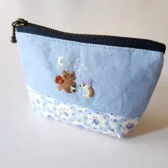 くまさんとハリネズミの手刺繍ポーチ/ミニポーチ/12cmファスナー